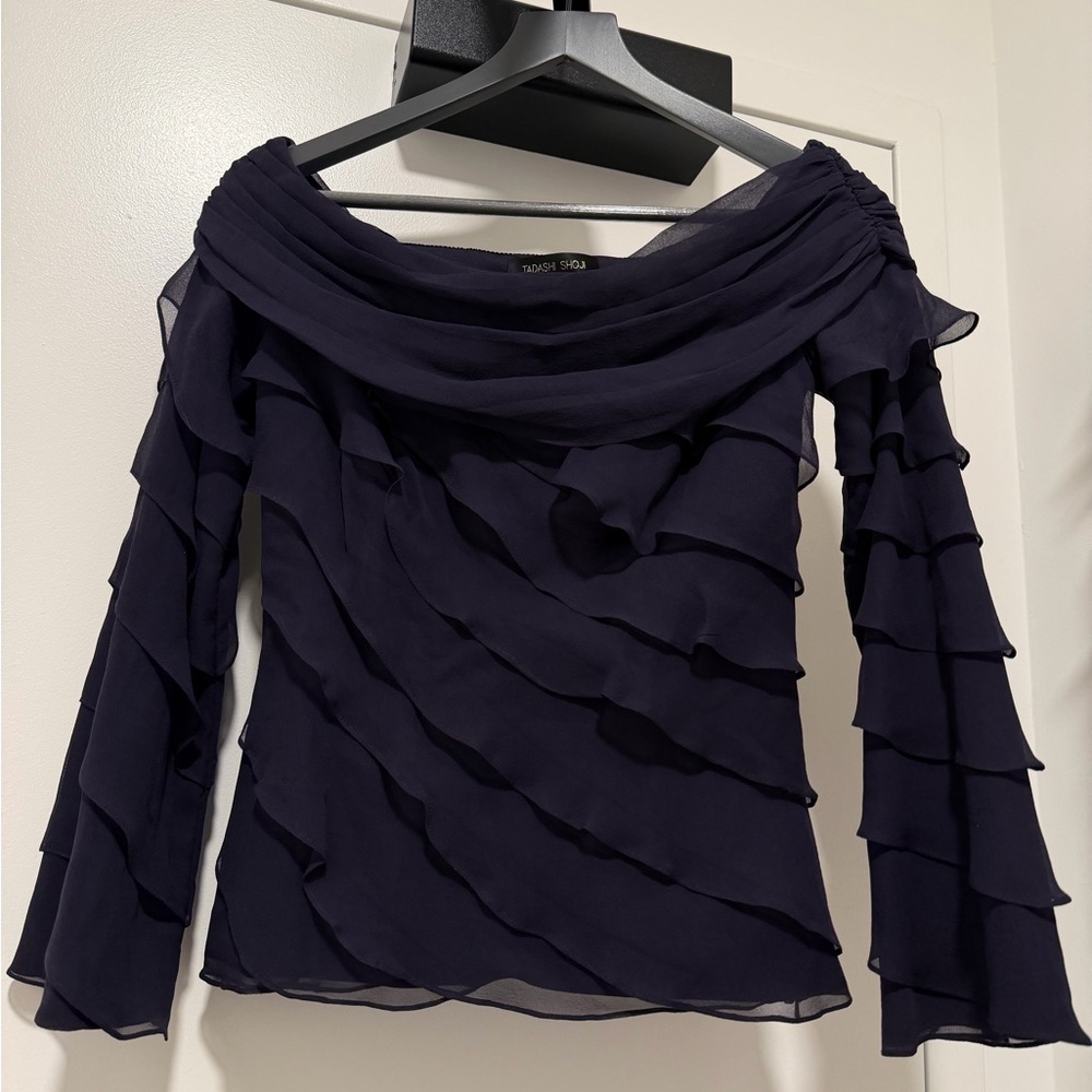 Tadashi Shoji 100% Silk Tiered Ruffle Off-Shoulder Blouse